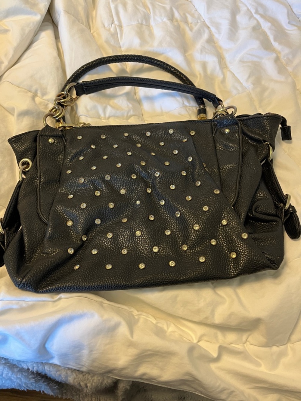 Studded Black Leather Satchel Bag - Women